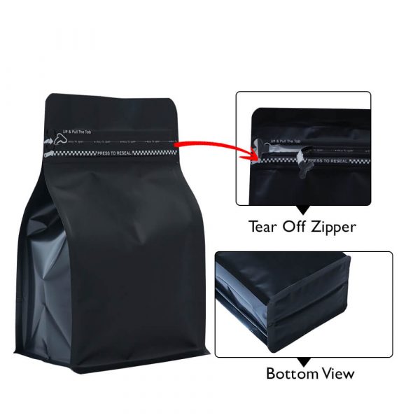 matt black flat bottom pouch with zipper