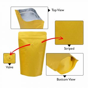 yellow striped kraft paper sup pouch with valve